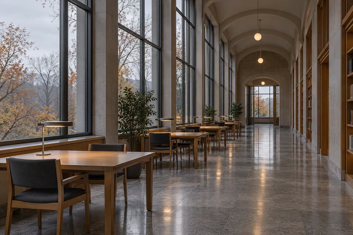 Un corridoio di studio vuoto e silenzioso con alte finestre, tavoli di legno e lampade da scrivania in una grigia giornata d'autunno.