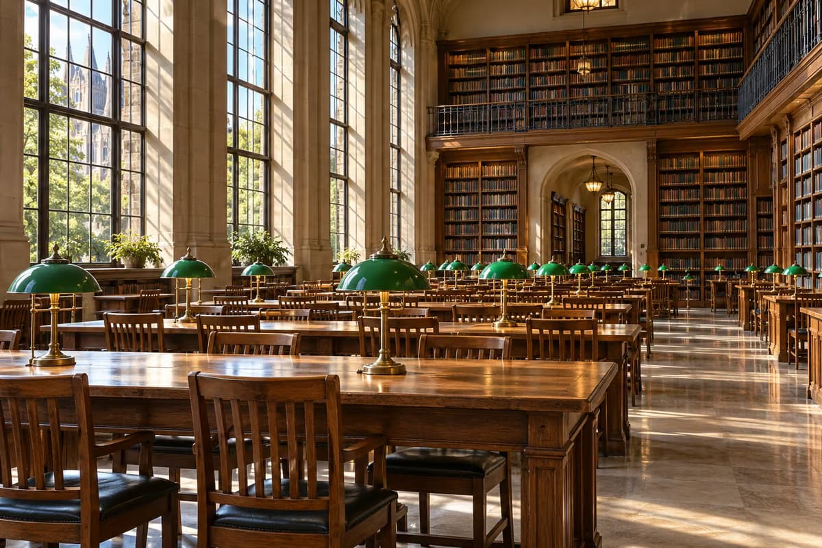 Una sala di lettura di biblioteca vuota con lunghi tavoli di legno, lampade da tavolo verdi, alte finestre e alti scaffali pieni di libri.