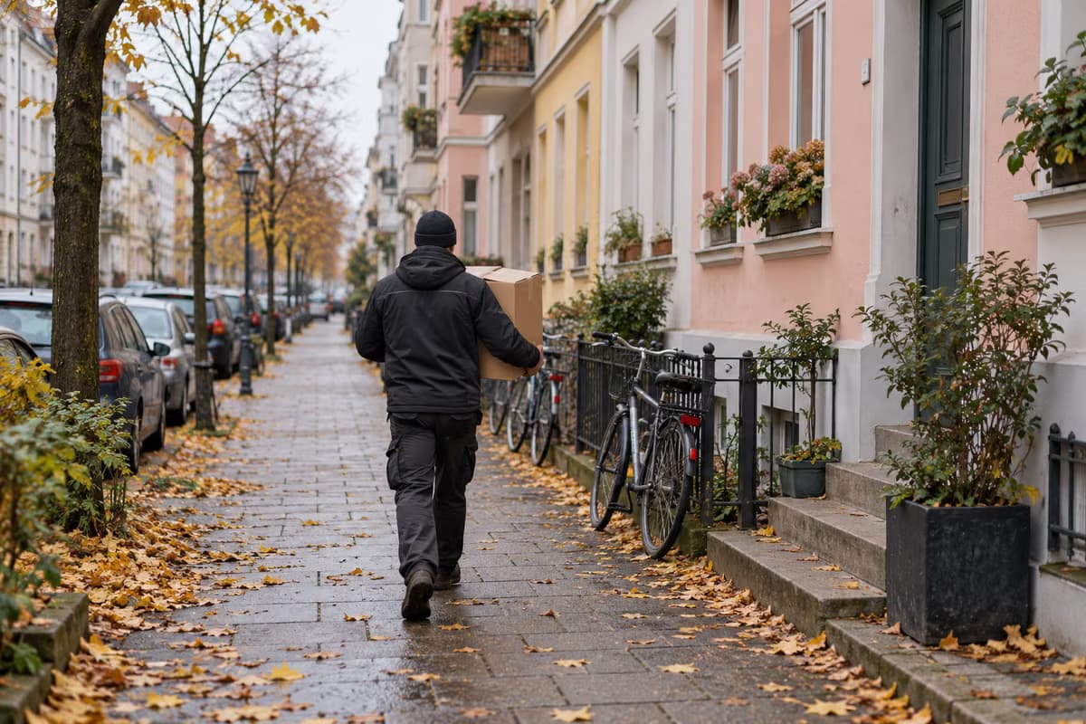Un corriere visto di spalle porta una scatola di cartone lungo un marciapiede costeggiato da palazzi color pastello, biciclette e foglie autunnali.