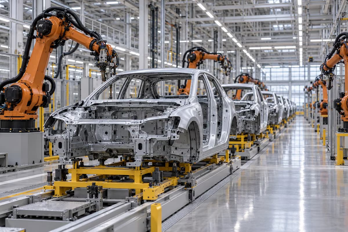 Scocche di auto non verniciate sono allineate su una catena di montaggio tra bracci robotici arancioni in un luminoso capannone industriale.