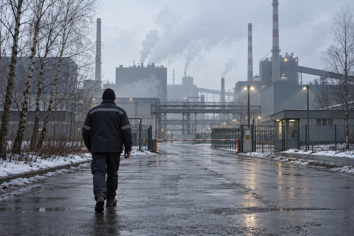 Un operaio visto di spalle cammina su una strada bagnata verso il cancello di un impianto industriale con ciminiere in una grigia giornata d'inverno.