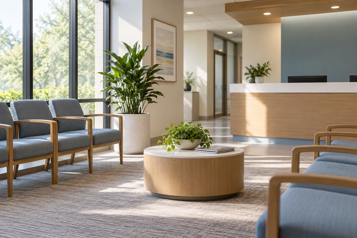 Una moderna area d'attesa con sedie imbottite blu, un tavolino rotondo in legno con una pianta e un bancone della reception sullo sfondo.