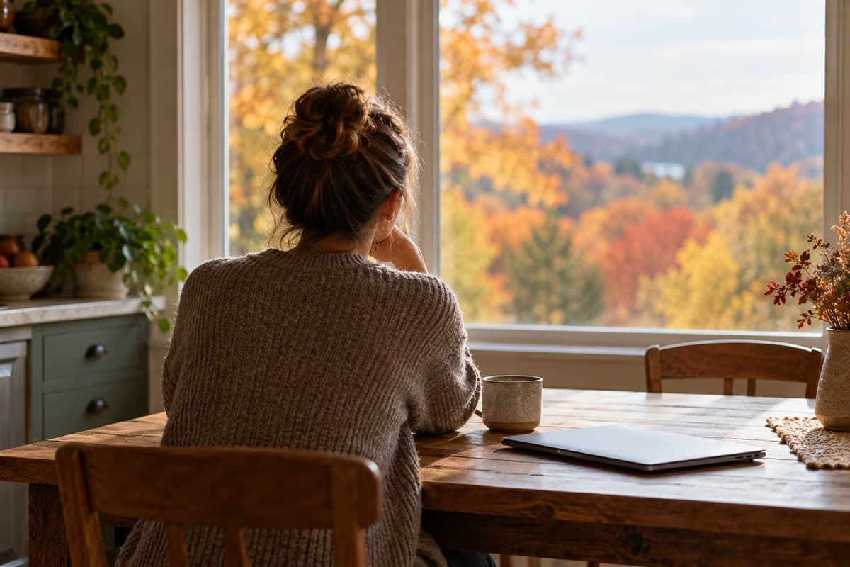 Una donna vista di spalle seduta a un tavolo da cucina in legno con un portatile chiuso e una tazza, che guarda fuori dalla finestra verso alberi autunnali.