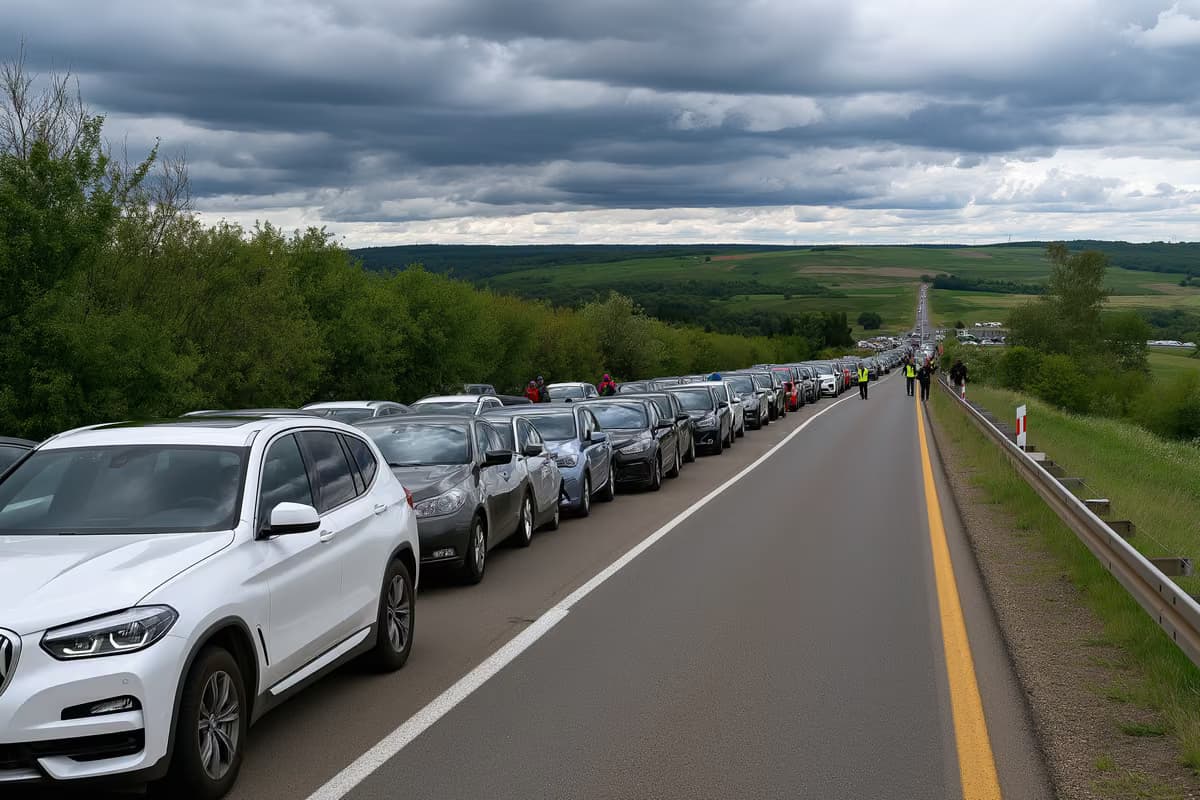 Sotto un cielo nuvoloso, le auto si mettono in coda lentamente davanti a un posto di blocco temporaneo su una strada rurale vicino al confine bavarese.
