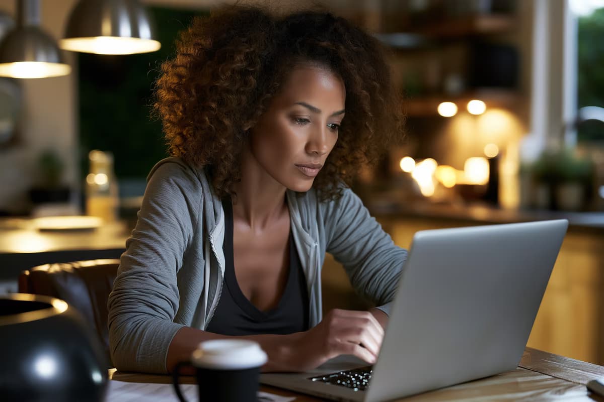 Una persona esamina il proprio portafoglio di investimenti su un computer portatile seduta al tavolo della cucina, nella tenue luce del mattino.