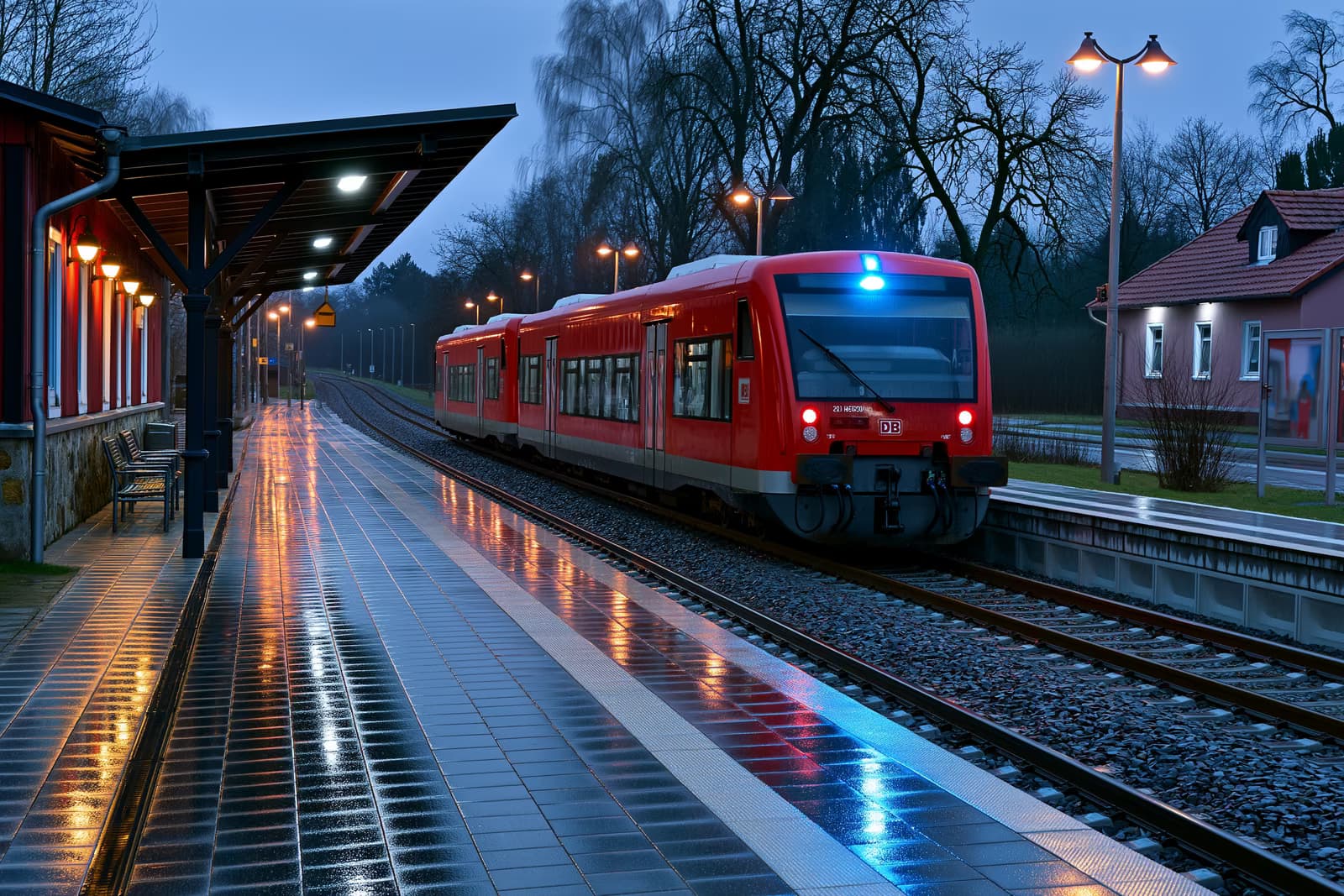 Un treno regionale rosso si è fermato in una piccola stazione tedesca al crepuscolo, con le luci blu di emergenza che si riflettevano sulla banchina.