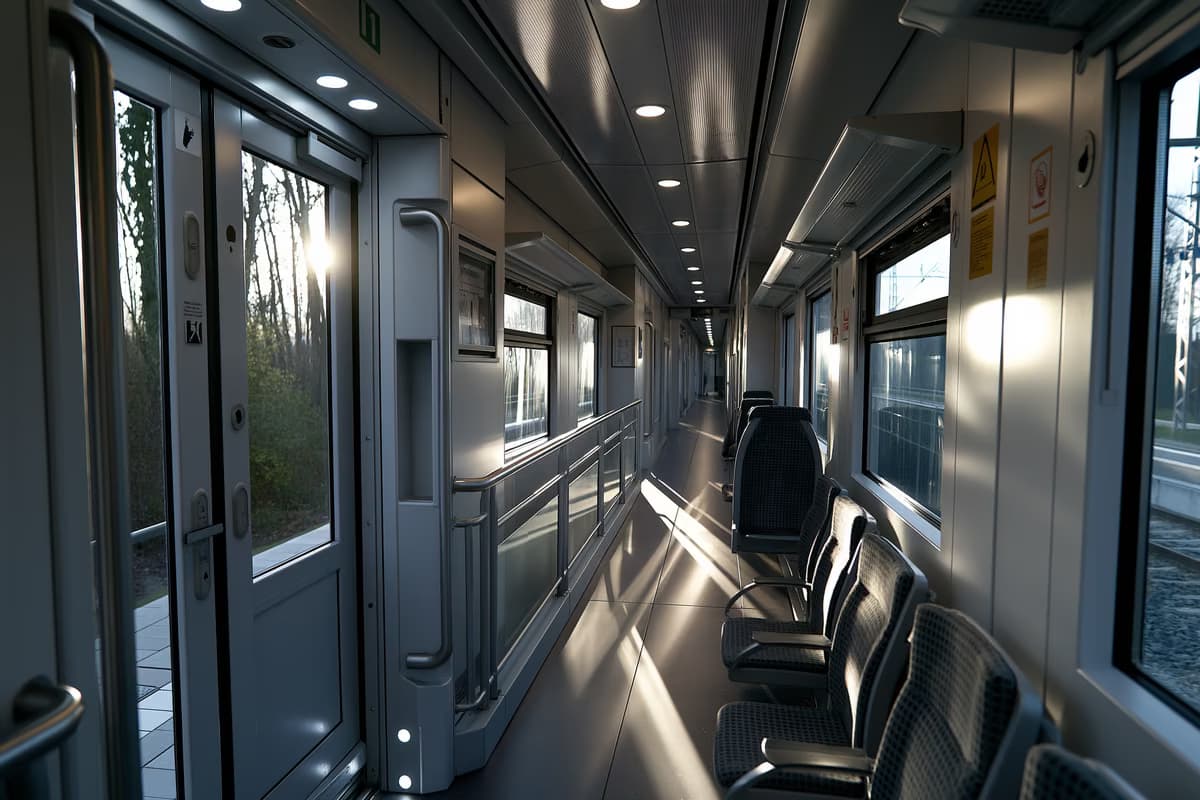 Il corridoio interno di un treno regionale tedesco con porta aperta e ringhiera di sicurezza alla luce della sera.