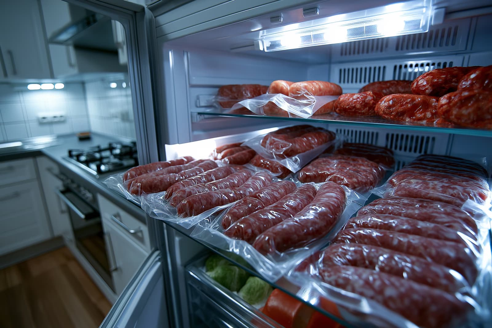 Un frigorifero aperto in una cucina tedesca con salsicce crude confezionate su uno scaffale durante il richiamo delle salsicce da parte dell'EHEC.