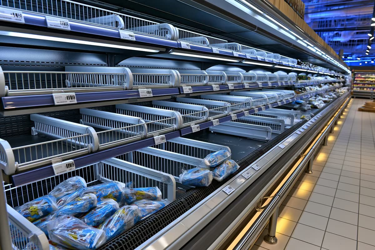 Uno scaffale refrigerato vuoto di un supermercato con poche confezioni rimaste dopo il ritiro dal mercato delle salsicce in Germania.