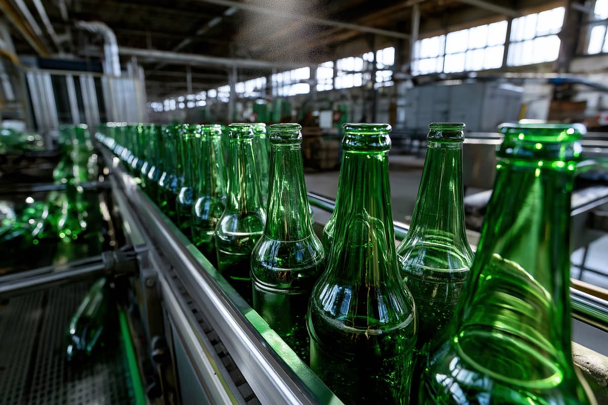 In una buia sala di imbottigliamento, file di bottiglie di birra verdi vuote si stagliano su un nastro trasportatore fermo.