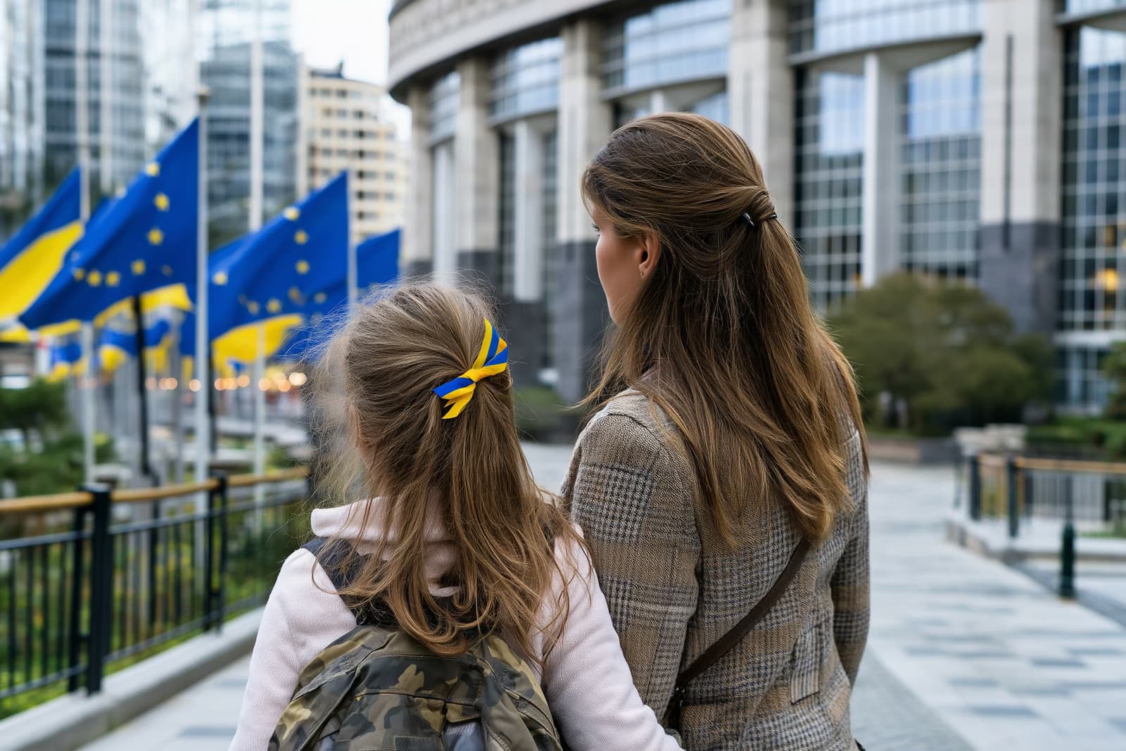 Una madre e una figlia ucraine osservano le bandiere dell'UE fuori da un edificio di un'istituzione europea dopo la proroga della protezione temporanea dell'Ucraina.