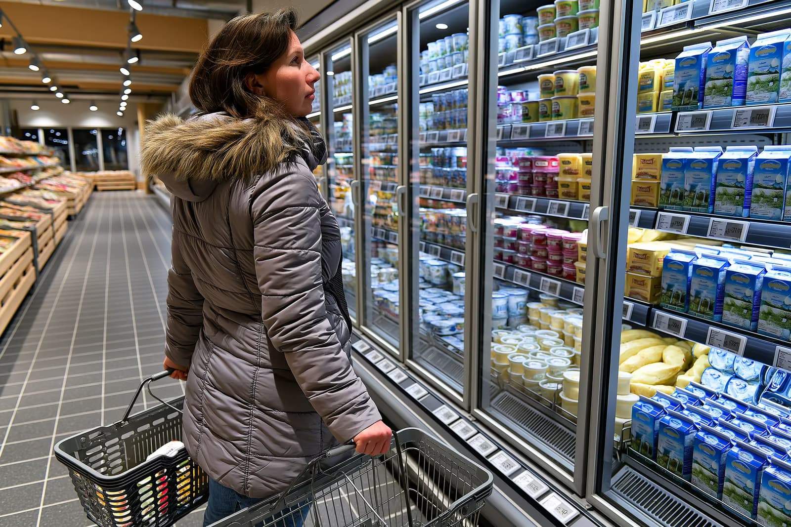 In Germania, una cliente confronta i prezzi dei prodotti alimentari sugli scaffali di un supermercato, mostrando uno scontrino davanti a latticini e uova.