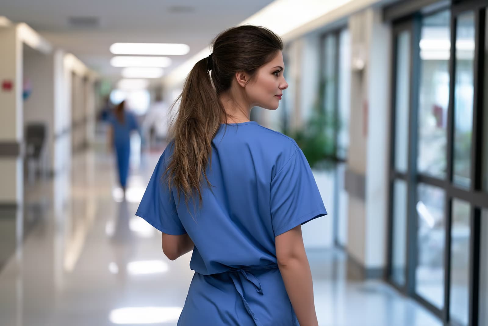 Un operatore sanitario in camice semplice è in piedi in un luminoso corridoio d'ospedale.