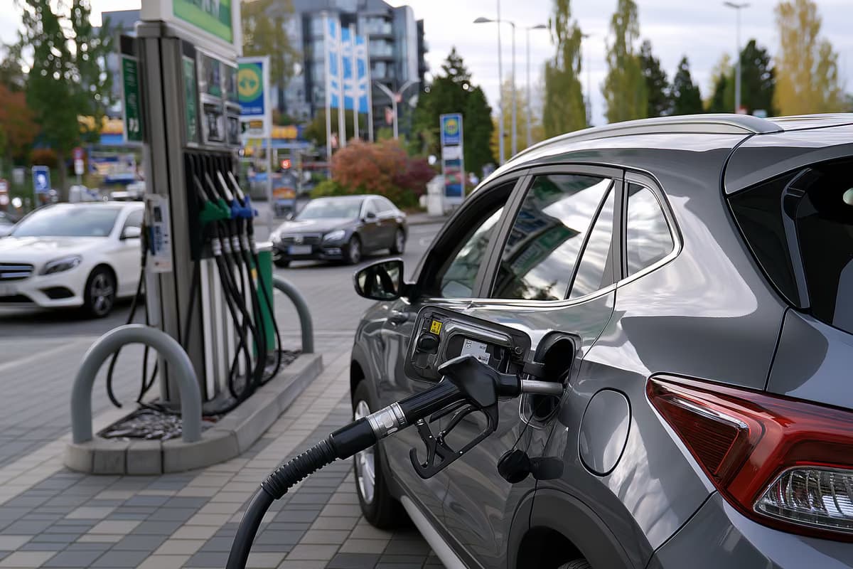 Un ugello di una pompa di carburante appoggiato su un'auto in una stazione di servizio tedesca in una giornata nuvolosa.