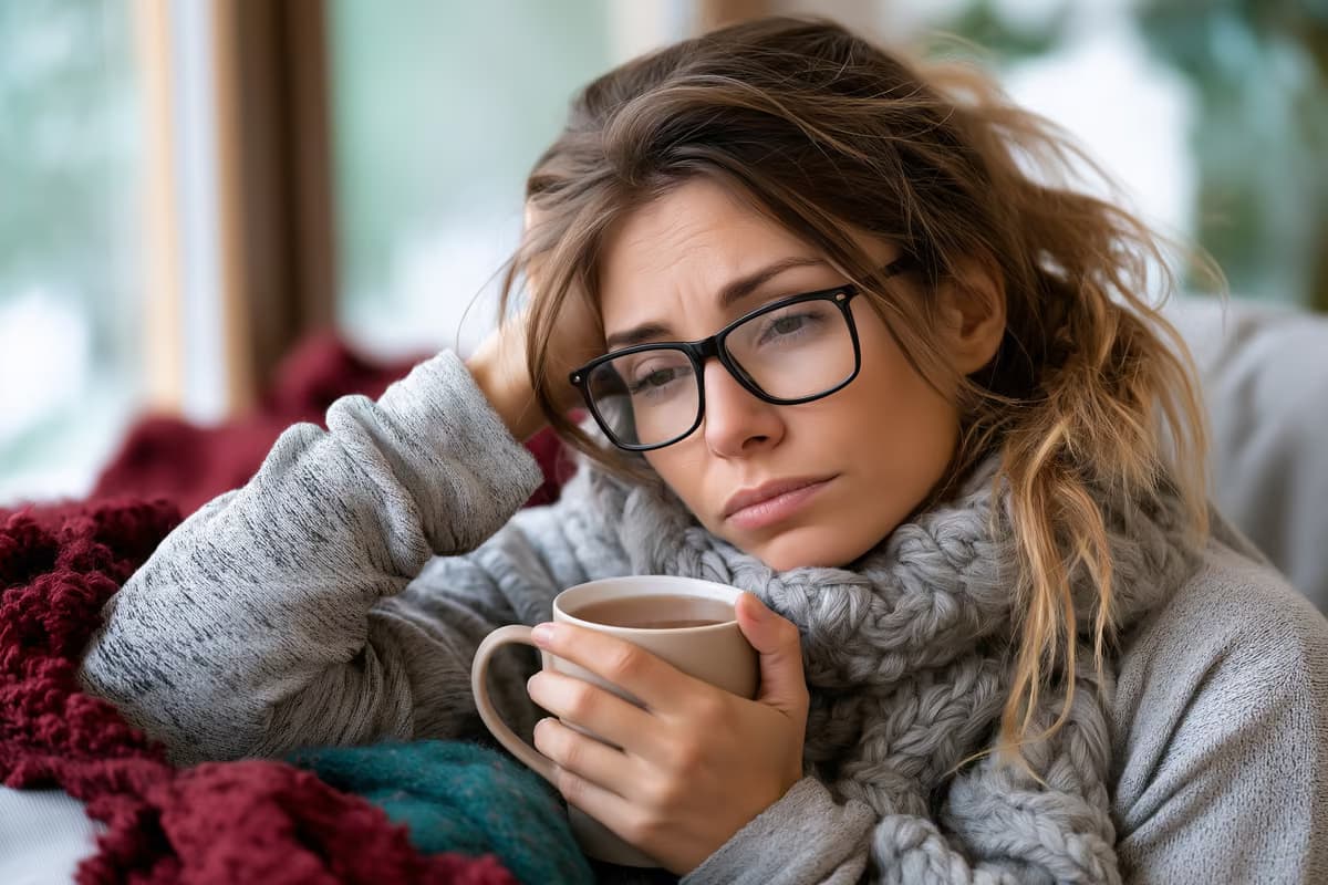 Un impiegato seduto a casa con una bevanda calda, dall'aspetto stanco e non in forma.