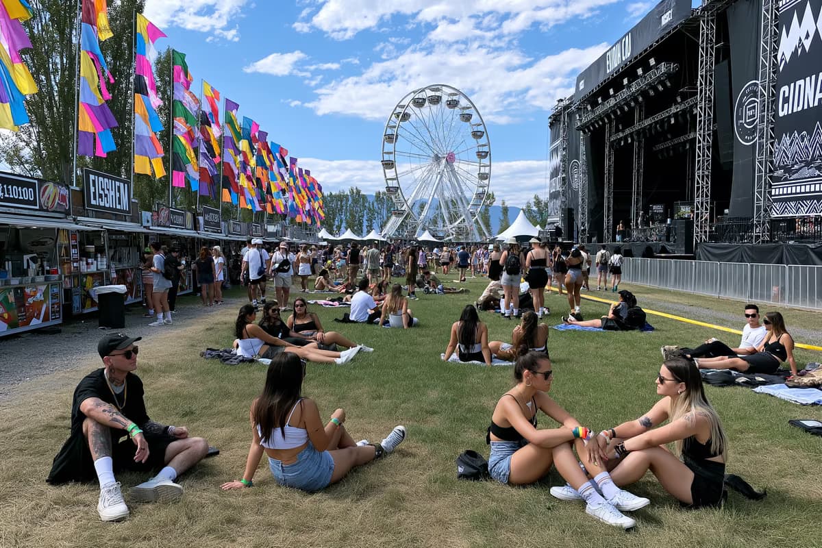L'area del festival Lollapalooza di Berlino di giorno, con bandiere colorate, bancarelle di cibo e visitatori che si rilassano sull'erba.