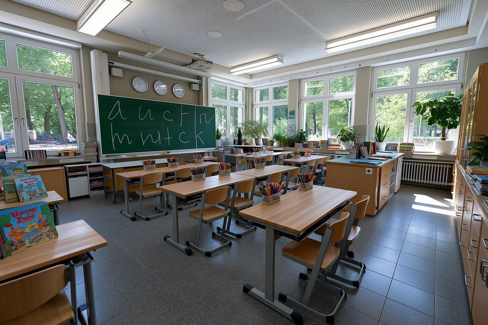 Una luminosa aula di scuola primaria con le lettere dell'alfabeto disegnate su una lavagna verde, pronta per le nuove lezioni di lingua ABC in Nord Reno-Westfalia.